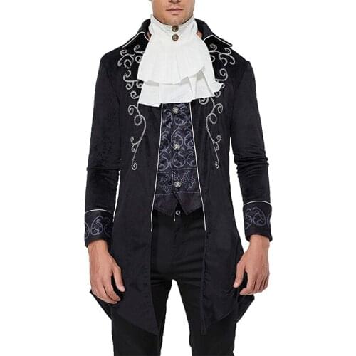 Mens Gothic Steampunk Vintage Jacket Victorian Frock Coat Uniform Halloween Medieval Cosplay Costumes With White Fake Collar