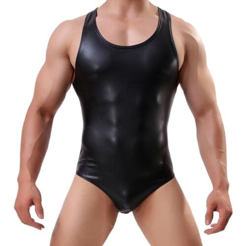 Mens Body Suit One-piece Leather High-cut Sleeveless Leotard Bodysuit for Mens Party Nightclub Sports Vest