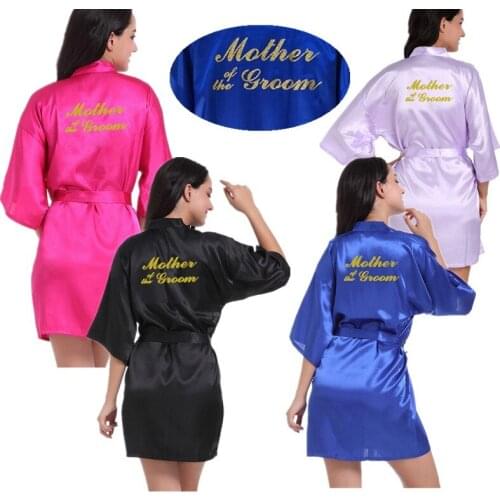Wholesale Mother of the Groom Letter Gold Glitter Women Solid Satin Kimono Bride Robes For Wedding Party Sleepwear Bathrobes T6