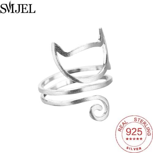 SMJEL 925 Sterling Sliver Twine Cat Ring Long Tail Wrap Ring Young Girl Jewelry Cat Layer Statement Ring drop shipping