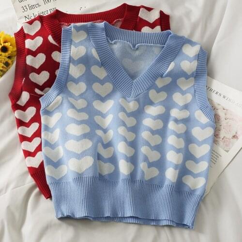 Sweet Heart Printed V-neck Sleeveless Knitted Vest Sweater Top Womens 2021 Spring and Autumn New Loose Slim Short Sweater