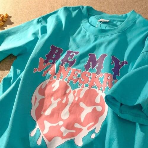 Summer Harajuku Style Pink Love Print Loose Casual Womens T-shirt Round Neck Large Size Short Sleeve Ladies Top Graphic Tees