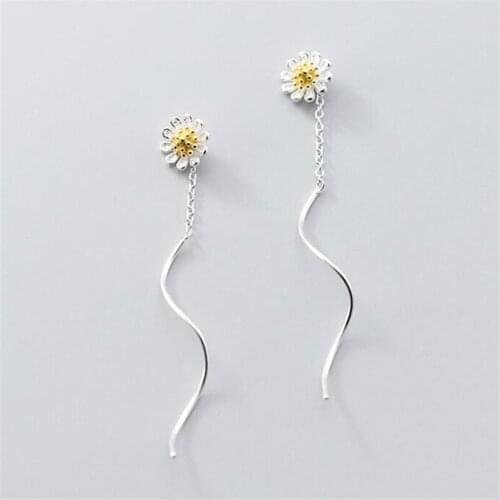 925 Sterling Silver Daisy Flower Long Drop Earring For Women Jewelry Brincos Pendientes eh2737