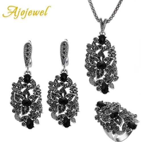 Ajojewel Brand Vintage Jewelry Sets For Women Black Crystal Hollow Flower Necklace Earrings Ring Jewerly