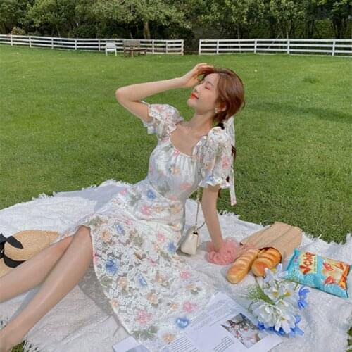 White Summer Dress Women Retro Ruffle Square Collar Flower Print Lace Hollow Out Belt Short Sleeve Sweet French Dresses Female