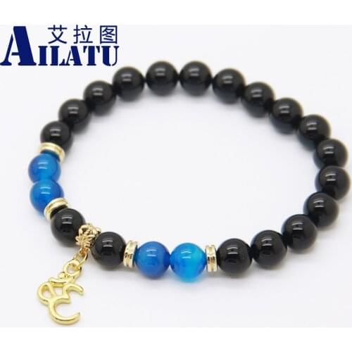 Ailatu Religous Jewelry On Sale Brass Om Charm Bracelet with Blue Natural Onyx Stone Beads