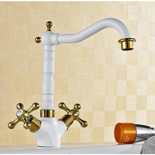 Antique White Paint hot and cold water taps Bathroom copper faucet basin deck mounte Double Holders mixer taps W3017