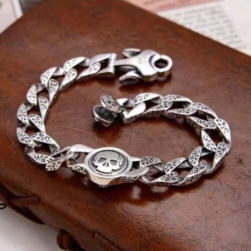 BOCAI 2021 New Real s925 Silver Jewelry Trend Rotating Skull Retro Fashionable Tang Grass Pattern Personality Man Bracelet