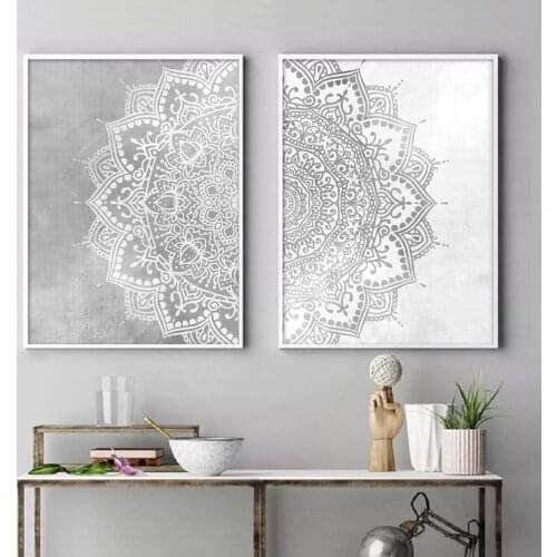 Bohemia Mandala Pattern Wall Art Print Beige Grey and White Canvas Painting Poster Picture Yoga Living Room Home Interior Decor