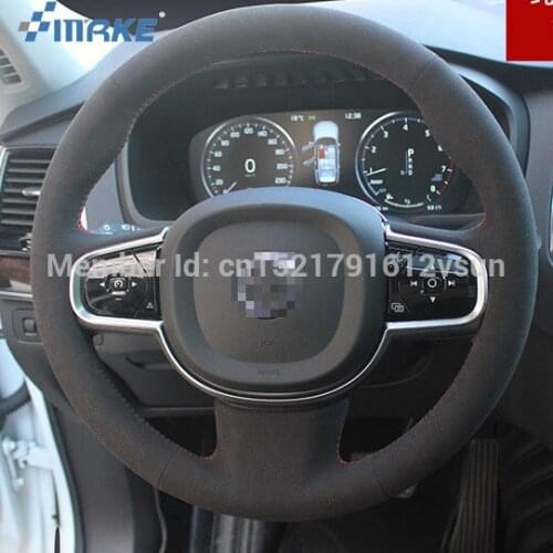 For Volvo xc90 High Quality Hand-stitched Anti-Slip Black Suede Red Thread DIY Steering Wheel Cover