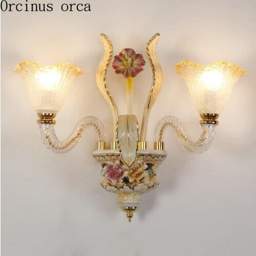European style ceramic white flower wall lamp living room corridor bedroom bedside lamp American style painted LED wall lamp