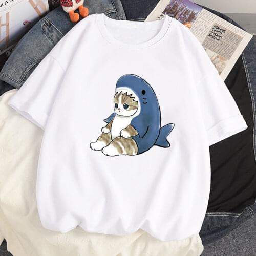 2021 Summer TShirt 95Cotton Oversized T-shirts Harajuku Kawaii Cat Printed Anime Loose Casual Short Sleeved Women T Shirt Tops