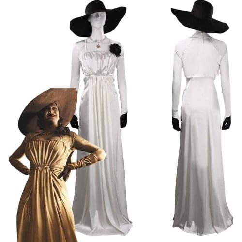 Resident E Village Cosplay Costume Alcina Dimitrescu Long White Dress Hat Outfits Halloween Carnival Suit