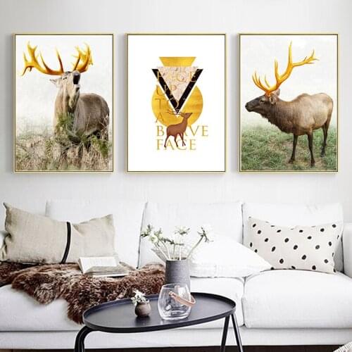 Forest Elk Geometry Pattern Yellow Antlers Picture Nature Scenery Scandinavian Poster Nordic Prints Wall Art Canvas Paintings