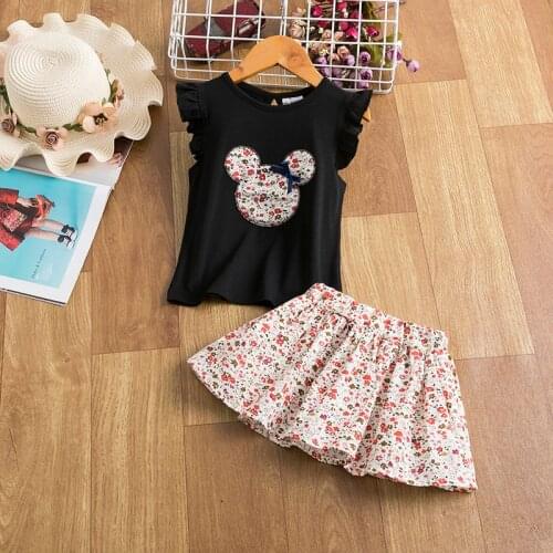 Summer Girls Tops and Shirt Clothes Set Toddler Baby Kids Cartoon Cotton T-shirt+Floral Print Tutu Skirt Children Cute Tracksuit