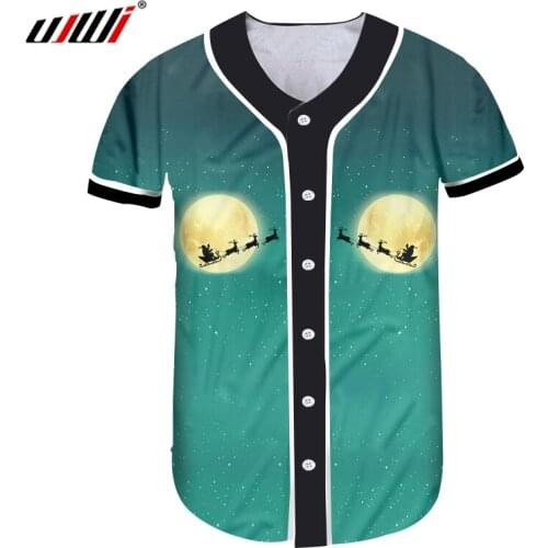 UJWI Man 3D Printed Tshirt Santa Claus And Elk Christmas Round Moon Landscape Clothing Best Selling Spandex Baseball Shirt