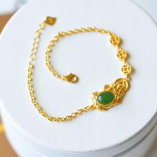 Natural Hetian Jade Green Jade Coin Bracelet with Ancient Gold S925 Sterling Silver Auspicious All-Match Bracelet Bracelet Girlf