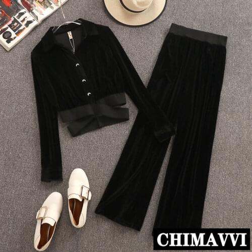 New Spring and Autumn Fashion Gold Velvet Long Sleeve Shirt Cropped Top Wide Leg Pants Two-piece Set Women Retro Pants Set