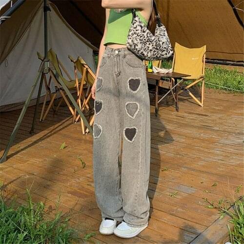 Casual Heart Jeans Girls Summer Pants Fashion Trousers Harajuku High Street Denim Bagge Cool Autumn Korean Boyfriend Loose Jeans