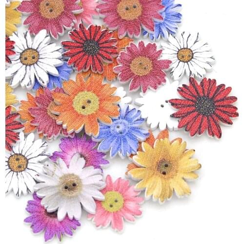 50/100/200 Pcs Wooden Flower Buttons 2 Holes 25mm Chrysanthemum Shape Mixed Button Scrapbooking Sewing Accessories DIY Craft