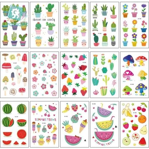Rocooart 15Pcs Cartoon Cactus Watermelon Design Tattoo Sticker Tatuajes Temporary Fake Tatoo or Boys Girls Body Art Tatouage