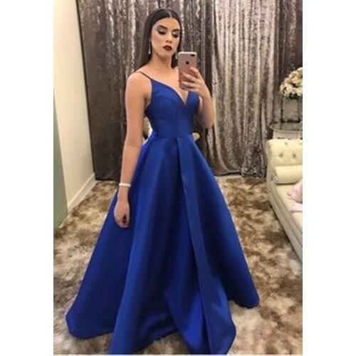 Royal Blue Sexy Prom Dresses 2020 Long Satin Spaghetti Strap V neck Evening Dress Party Gowns Backless Formal Dress LE40809
