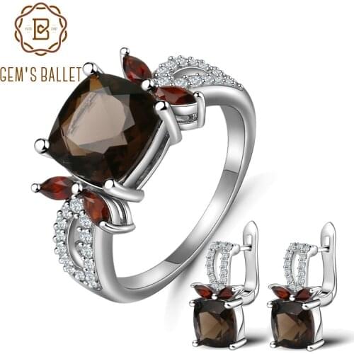 GEMS BALLET Classic Rings Clip Earrings Natural Smoky Quartz Garnet Fine Genuine 925 Sterling Silver Jewelry Set For Women Gift