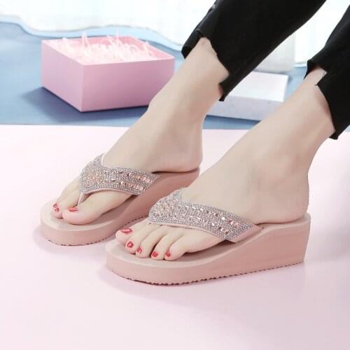 Summer Slippers Fashion Rhinestones Wedges Flip Flops Womens Casual Beach Shoes Ladies Summer Beach Platform Slippers