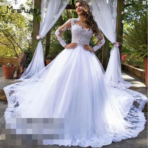 Mrs win Wedding Dress Elegant Long Sleeve Wedding Dresses Sexy Lace Vestido De Noiva Plus Size Long Train Bridal Ball Gown HR034