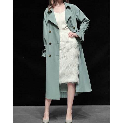 New Spring Autumn Pleated Womens Trench Coat Maxi Long Outerwear Slim Vintage Double Breasted Windbreaker Overcoat Female