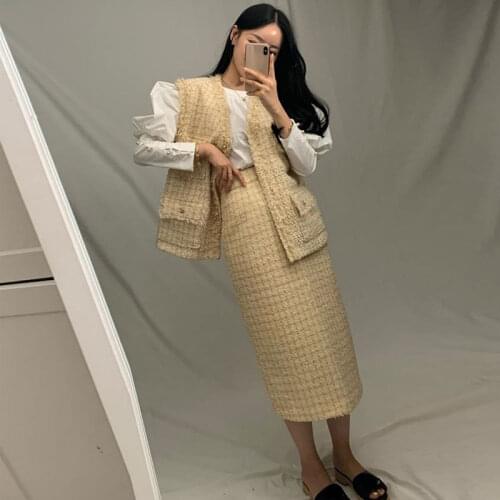 Vintage High Waist Package Hip Skirts Elegant Office Lady Variegated Tweed Slim Faldas Mujer 2021 Autumn New Women Fashion Jupe