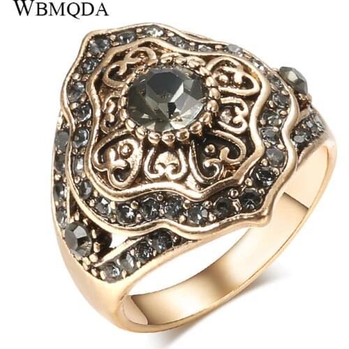 Wbmqda Hot Boho Ethnic Bride Wedding Crystal Ring Antique Gold Color Big Zircon Stone Rings For Women Vintage Jewelry