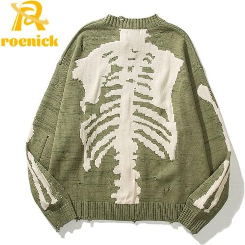 ROENICK Skull Jacquard Knitted Hole Pullovers Mens Womens Sweaters Hip Hop Harajuku Streetwear Fashion Loose Sweater