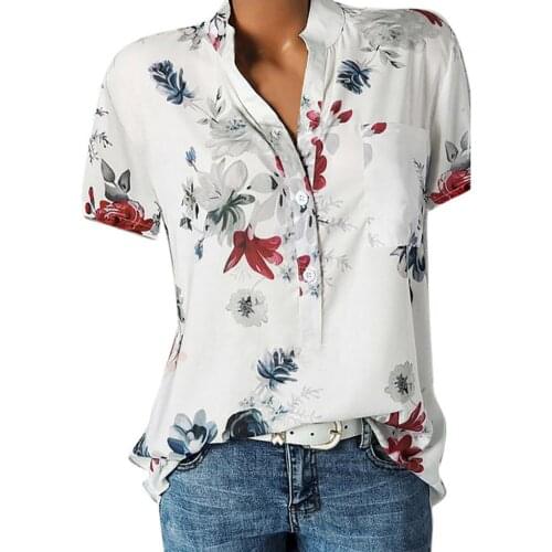 Plus Size Summer Women Flower Print Patch Pocket Short Sleeve V Neck Blouse Top