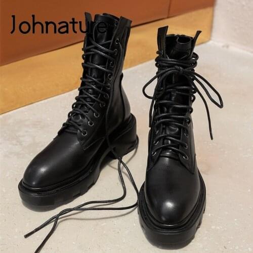 Johnature Women Boots 2020 New Autumn Winter Genuine Leather Women Shoes Round Toe Lace-up Zip Handmade Ankle Platform Boots