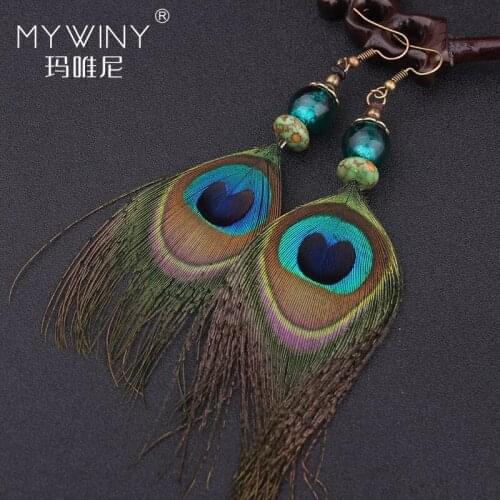Women ethnic LONG earrings fashion handmade peacock feather earrings,new thailand vintage bohemian earrings