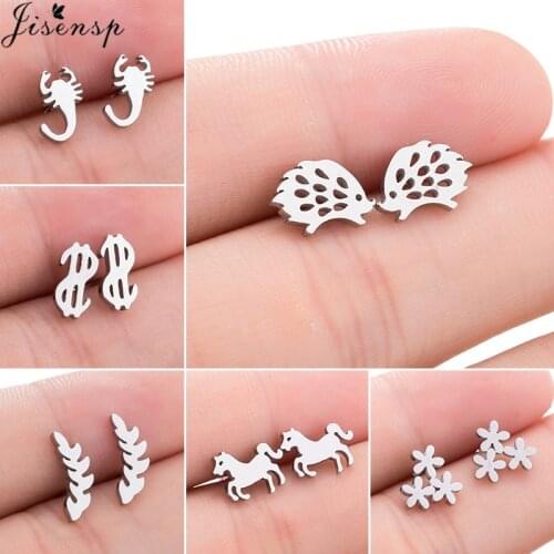 Stainless Steel Flower Stud Earrings for Women Girls Lovely Hedgehog Horse Scorpion Leaf Small Earings Jewelry Pendientes Gifts