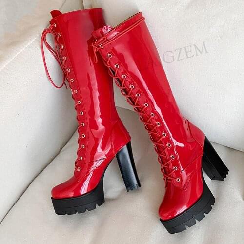 LAIGZEM Women Calf High Boots Chunky Block High Heels Lace Up Tall Boots Shiny Shoes Woman Botines Mujer Large Size 34 42 43