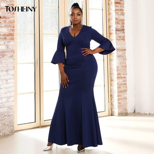 Tosheiny 2021 Plus Size Summer Prom Elegant Midi Flare Sleeve Dresses Long Sleeve Women Fashion Solid Black Color Draped Dress