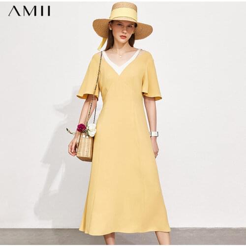 Amii Minimalism Fashion Dress For Women Summer New Patchwork Vneck Aline Long Womens Summer Dress Causal Chiffon Dress 12140655