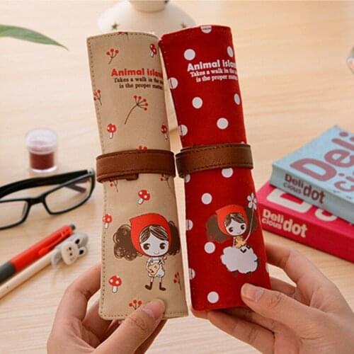 10pcs Fashion Cute Girls Canvas Roller Pencil Bags Large Capacity Pencil Pouch Makeup Brush Organizer School Stationery Bags