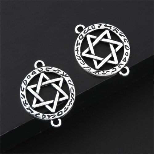 15Pcs Silver Color Classic Geometric Six Star Charms Making Hip-hop Bracelet Connector For Male Gift Jewelry 24X18mm A3253