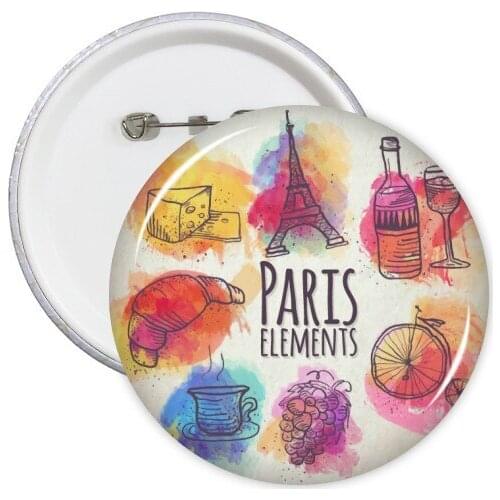 5pcs Colorful Life France Mark Landmark National Flag Architecture Custom Landscape Illustration Pattern Round Pin Badge Button