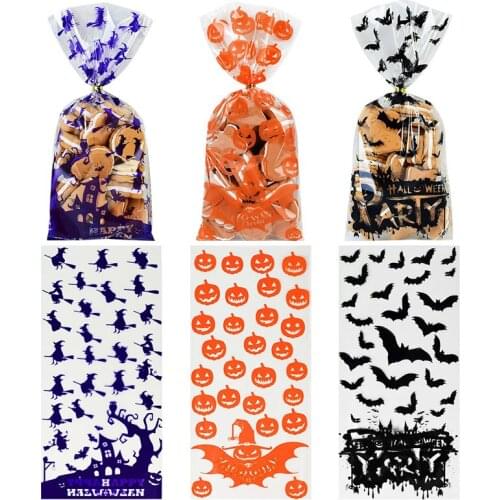 50Pcs 13*27cm Halloween Pumpkin Witch Bat Printed Candy Bag Transparent Cellophane Plastic Pack Gift Bags Halloween Party Decor