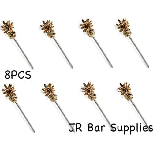 Free Shipping 8PCS Martini Picks with Gold Plated Pineapple Charms, Cocktail Sticks,100% Stainless Steel Metal Set of 8