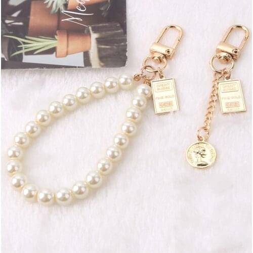 Retro Square Round Coin Keychain Double-sided Letter DIY Imitation Pearl Keyring Women Couple Car Bag Pendant Key Chains Gifts