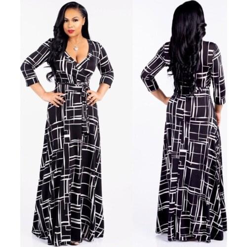 Black Bohemian Printed Maxi Long Dress Summer Midi Sleeves Sexy V Neck Belt Lace Up Tunic Maxi Beach Holiday Dress Plus Size