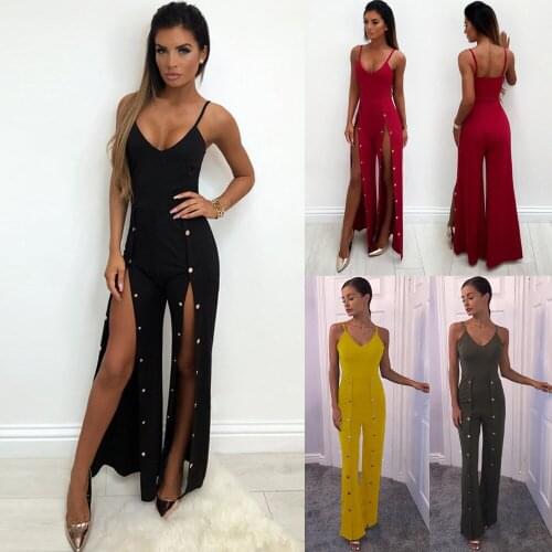 Europe and The United States Foreign Trade Solid Color Sexy Sling V-neck Backless Sleeveless Rivet Long Paragraph Slim Jumpsuit