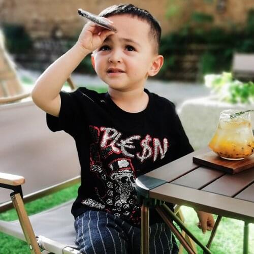 AlexPlein Skull Dollor Rhinestones 100% Cotton Family Kids Clothing Fashion Tshirt O Neck Short Sleeve Streetwear 2020 Summer