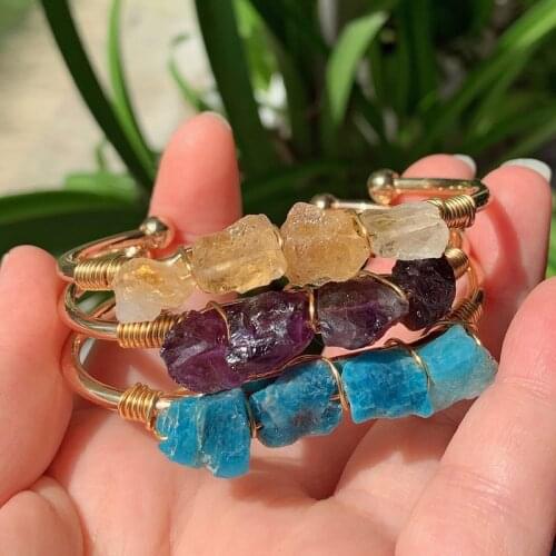 Healing Jewelry Natural Quartz Stone Bangle Cuff Small Nugget Amethysts Citrines Kyanites Blue Yellow Crystal Bracelet for Women